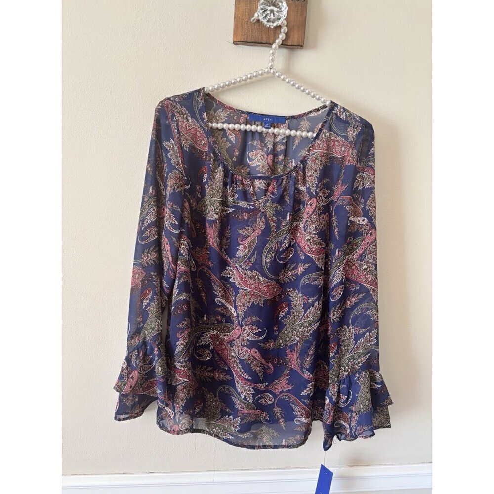 NWT Apt 9 Womens Size M Blue Paisley Sheer Blouse Long Bell Sleeves